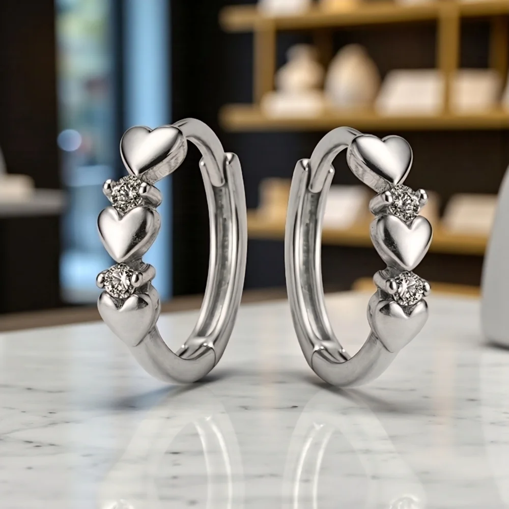 Minimalist Hoop Heart Earrings S925 Sterling Silver Dainty Zirconia Gift